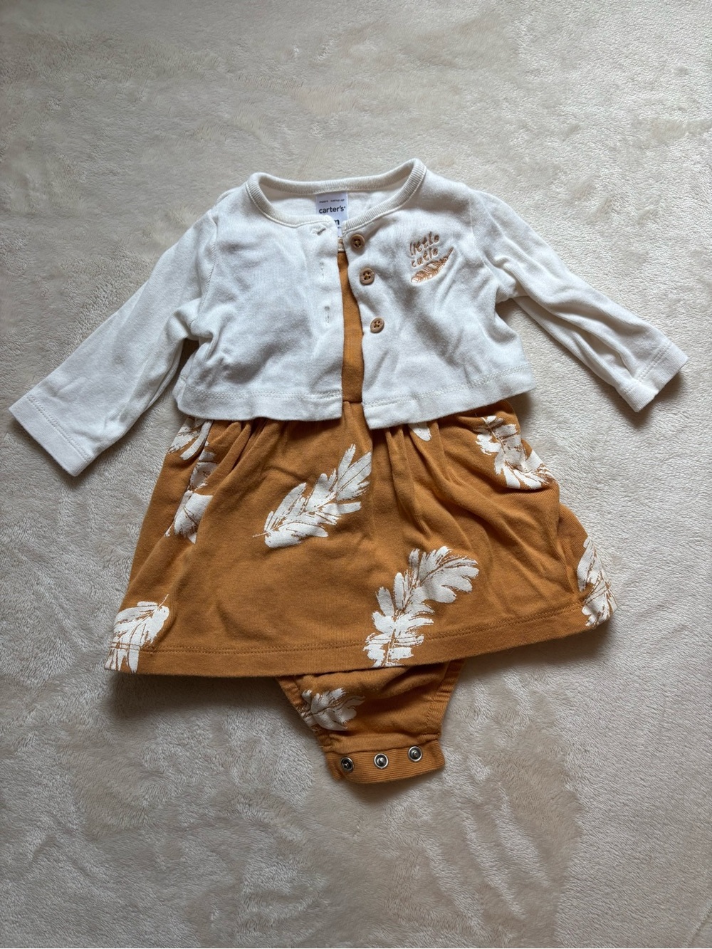 Carter's Baby Girl 2-Piece Feather Bodysuit Dress & Cardigan Set - Gold/Cream 3M